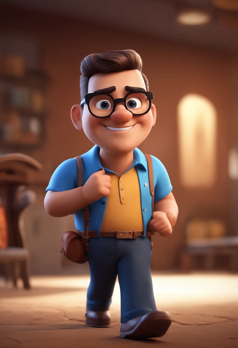 Cartoon character of a man with black glasses and a blue shirt, animation character, Caractere estilizado, animation style rendering, 3D estilizado, Arnold Maya render, 3 d render stylized, toon render keyshot, Personagem 3D, Personagem 3D, 3d rendering stylized, 3 d character render, personagem de desenho animado, Personagem de close up, Pose de personagem,  (Estilo Pixar) (master part:1.2) (Bokeh) (best quality) (pele detalhada) (textura detalhada) (8k) (argila) (Cinematic lighting) (foco nítido