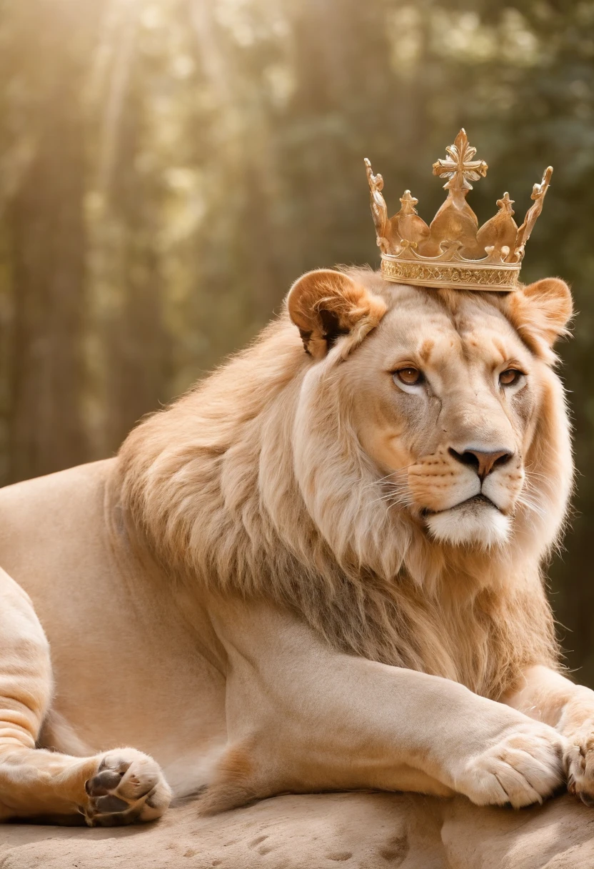 donzela santa，The whole body is surrounded by white ribbons，Holding a golden scepter in his hand, He sits on a lion made of crystal，Flexible Body，Nice appearance，super claro，4k，A qualidade de imagem do filme，Easy composition，A textura da chegada dos anjos