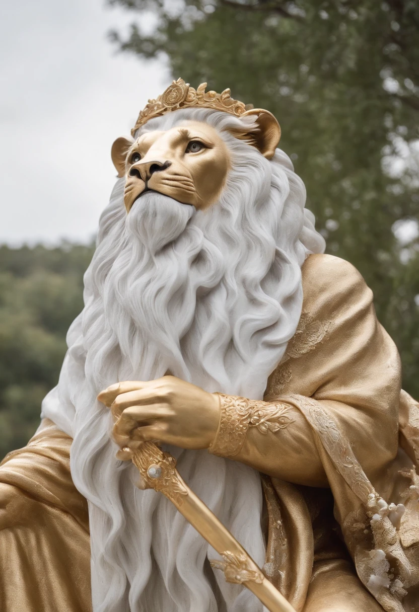 donzela santa，The whole body is surrounded by white ribbons，Holding a golden scepter in his hand, He sits on a lion made of crystal，Flexible Body，Nice appearance，super claro，4k，A qualidade de imagem do filme，Easy composition，A textura da chegada dos anjos