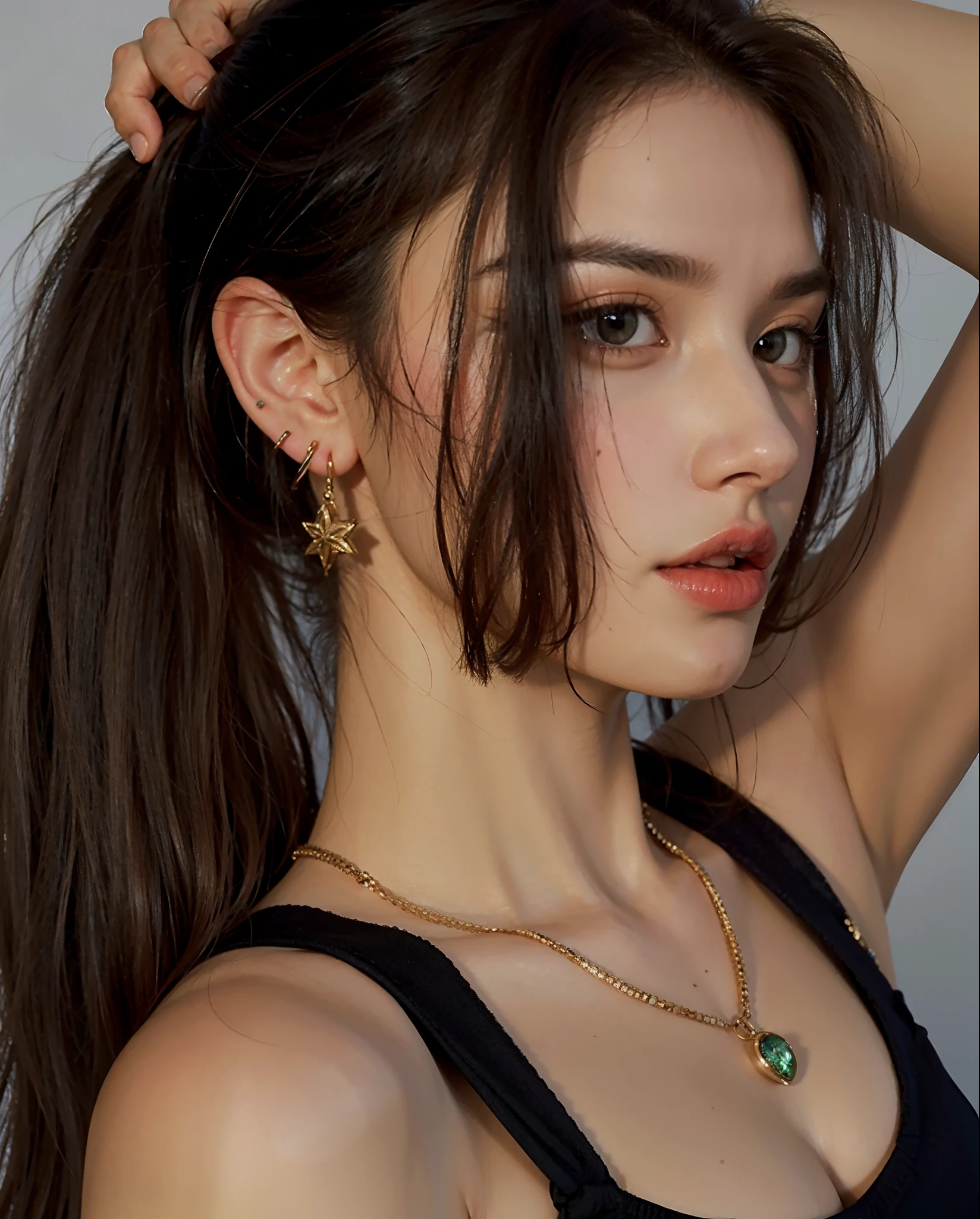 there is a woman with a black top and a necklace and earrings, anna nikonova aka newmilky, anastasia ovchinnikova, with long hair and piercing eyes, angelina stroganova, aleksandra waliszewska, brown hair in a ponytail, portrait sophie mudd, alina ivanchenko, sexy girl with green eyes, high quality portrait