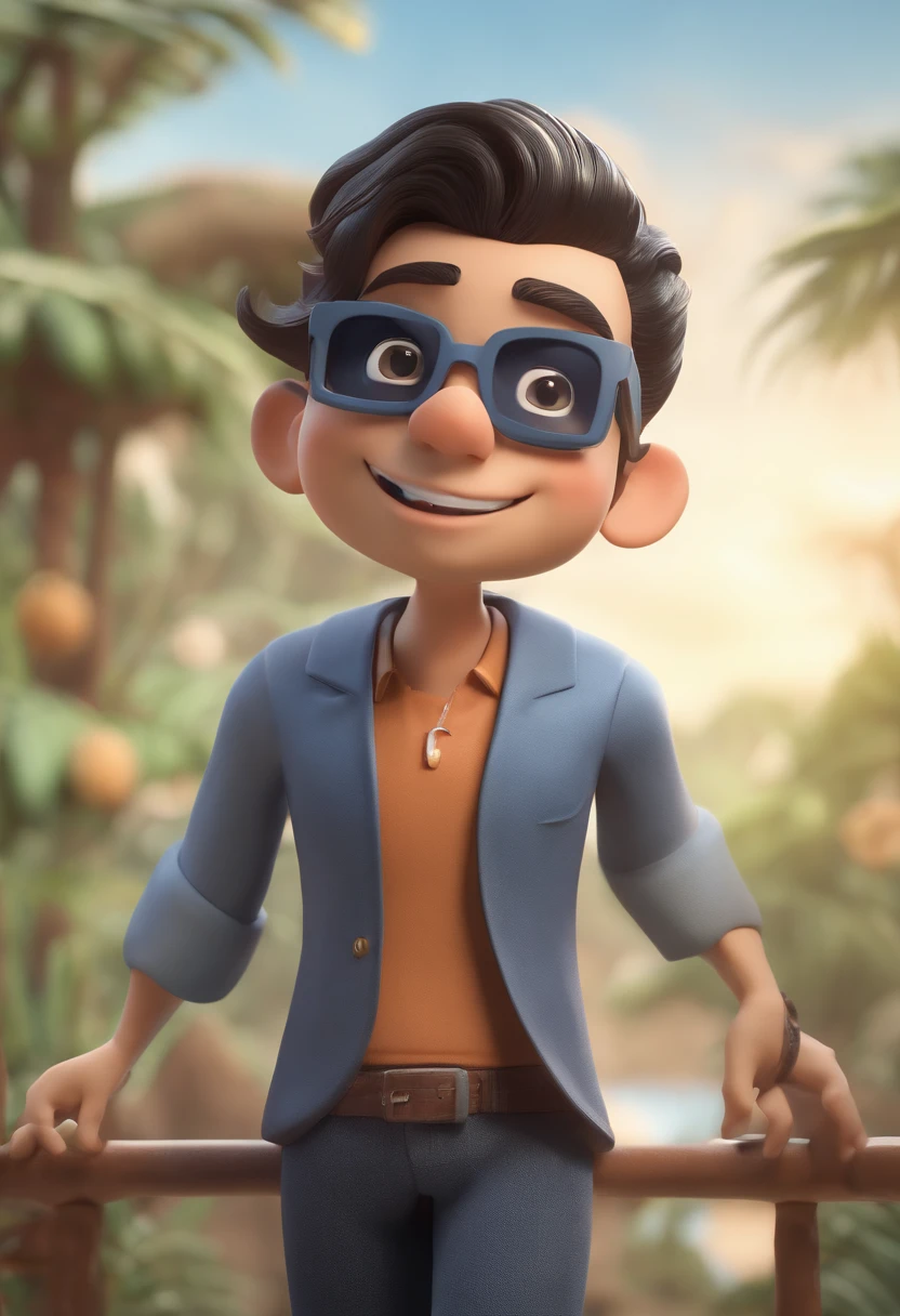 Cartoon character of a Japanese man with black glasses and a blue shirt, animation character, Caractere estilizado, animation style rendering, 3D estilizado, Arnold Maya render, 3 d render stylized, toon render keyshot, Personagem 3D, Personagem 3D, 3d rendering stylized, 3 d character render, personagem de desenho animado, Personagem de close up, Pose de Frente, Cabelo jogado para traz grisalho, cavanhaque