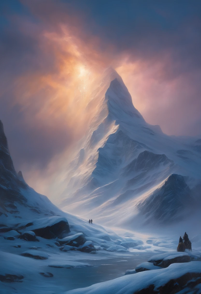 Oil painting of a giant with ice powers in a blizzard on a mountain at night