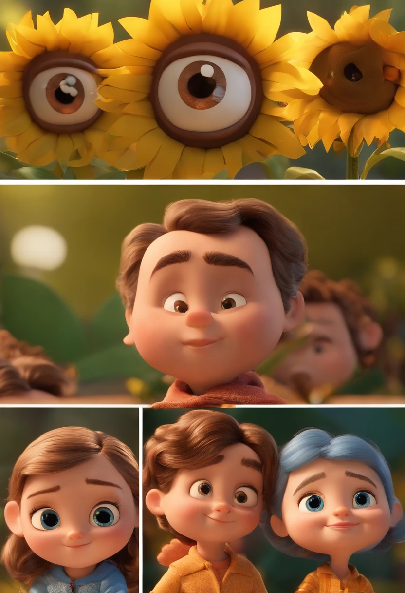 Create a Disney PIXAR-style 3D poster. ((centro da imagem, Triplets)), ((3 children)) ((1 menino no meio e 2 meninas ao lado, They're hugging each other, O menino tem pele castanha e cabelos castanhos escuros e olhos castanhos escuros, 1 menina tem pele clara, olhos e cabelos escuros e cacheados, e a outra menina tem pele morena, olhos escuros e cabelos escuros e lisos)) ((tudo isso no estilo Disney PIXAR 3D, In the background, A house of sunflowers, Gloria Studio, The garden is full of nature 3D render RTX clay material, estilo de design cartunesco, POP Mart, soft lighting, linhas suaves, Spring tilt, Detailed illustrations of PIXAR 3D, Detalhes hiper-realistas, cor quente no estilo Disney PIXAR 3D))