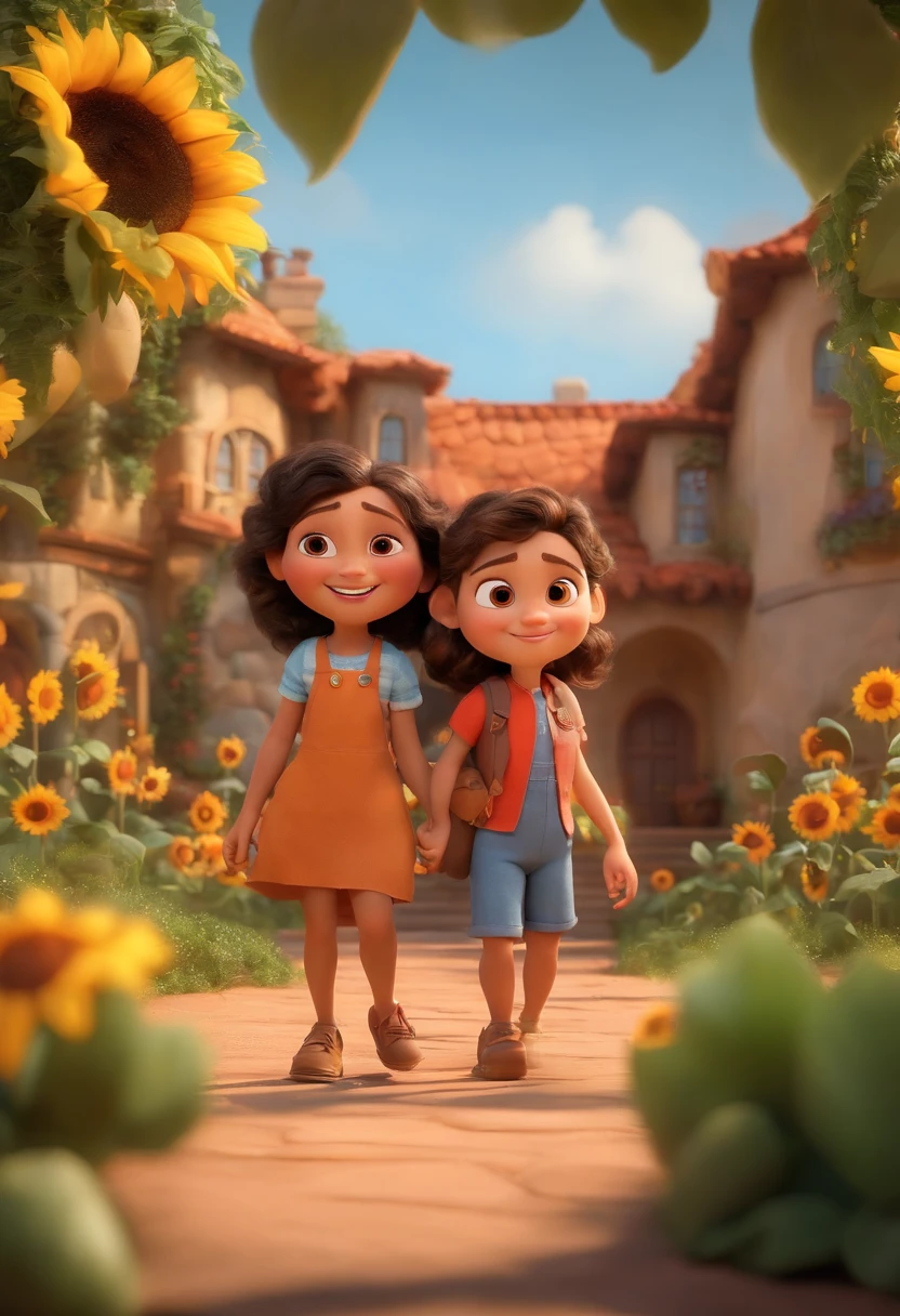 Create a Disney PIXAR-style 3D poster. ((centro da imagem, Triplets)), ((3 children)) ((1 menino no meio e 2 meninas ao lado, They're hugging each other, O menino tem pele castanha e cabelos castanhos escuros e olhos castanhos escuros, 1 menina tem pele clara, olhos e cabelos escuros e cacheados, e a outra menina tem pele morena, olhos escuros e cabelos escuros e lisos)) ((tudo isso no estilo Disney PIXAR 3D, In the background, A house of sunflowers, Gloria Studio, The garden is full of nature 3D render RTX clay material, estilo de design cartunesco, POP Mart, soft lighting, linhas suaves, Spring tilt, Detailed illustrations of PIXAR 3D, Detalhes hiper-realistas, cor quente no estilo Disney PIXAR 3D))