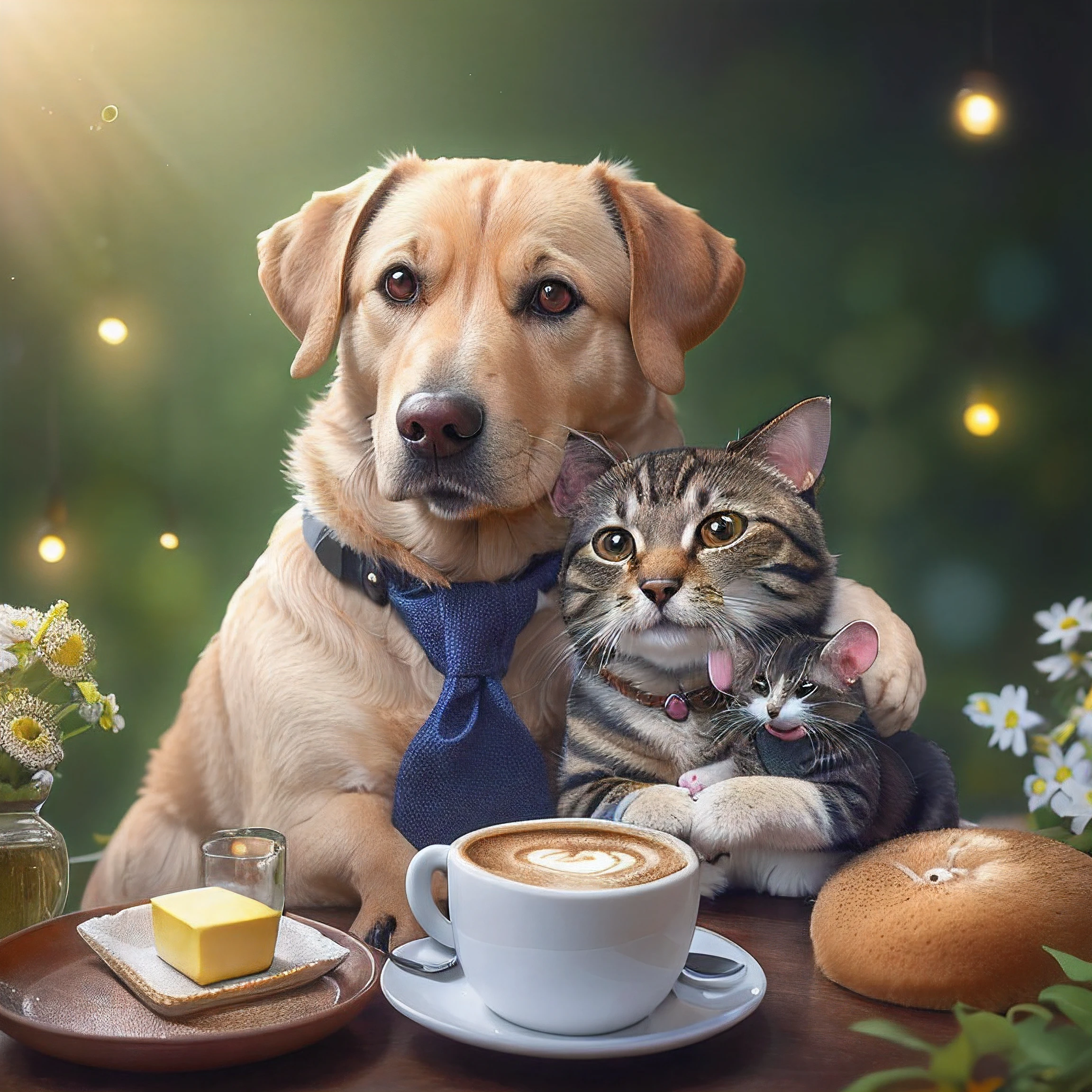 There's a dog and a cat sitting at a table with a cup of coffee, Coffee for mice, highly detailed composition, Adorable pintura digital, cozy cafe background, Toma de retrato detallada, Felt Animal Coffee, Retrato de alta calidad, pet animal, a photorealistic rendering, Estilo fotorrealista, Afternoon meeting place, Horario de tarde, Imagen ultra realista, Award-winning pet photography
