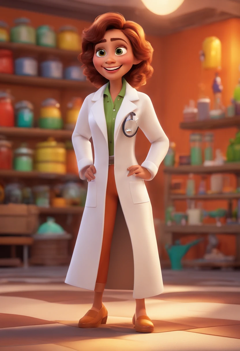 (pixar style,character creation),(lab coat),(vivid colors, bright tones),(studio lighting),(realistic details,highres),(playful expression),(styled hair),(big round eyes),(cartoonish facial features),(inspired by Pixar animation),(spark of creativity),(lab equipment),(colorful background),(happy and whimsical atmosphere)