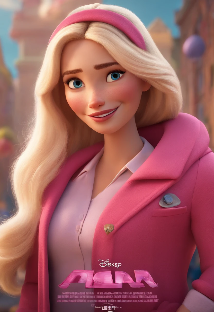 a poster for Pixar's Disney-style 3D film with an adult woman, 28 years old, white, cheerful, long blonde hair, thin, doctor, in a pink coat, delivering a baby in a hospital.