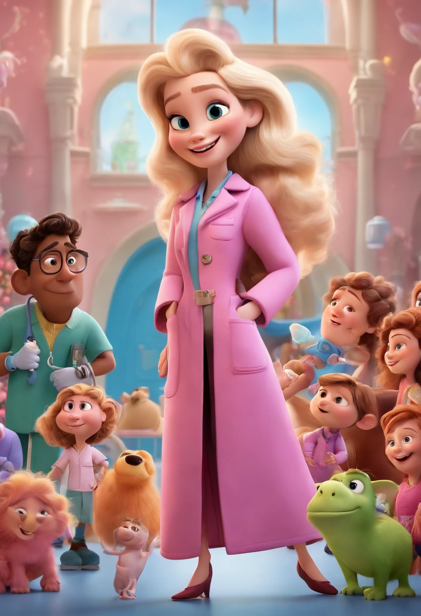 a poster for Pixar's Disney-style 3D film with an adult woman, 28 years old, white, cheerful, long blonde hair, thin, doctor, in a pink coat, delivering a baby in a hospital.
