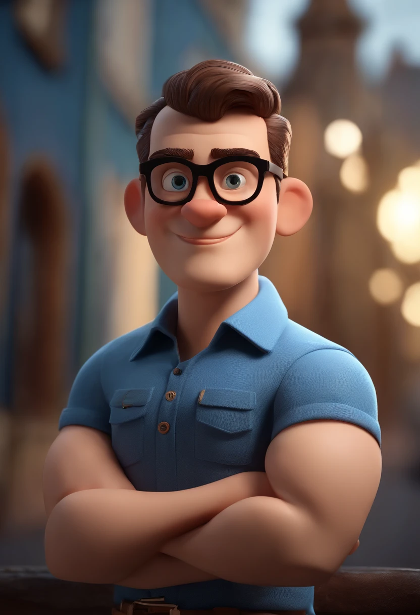 Cartoon character of a man wearing black glasses and a blue shirt, um personagem animado, Caractere estilizado, animation style rendering, 3D estilizado, Arnold Maya render, 3 d render stylized, toon render keyshot, Personagem 3D, Personagem 3D, 3d rendering stylized, 3 d character render, personagem de desenho animado, Personagem de close up, Pose de personagem,  (Estilo Pixar) (master part:1.2) (Bokeh) (best quality) (pele detalhada) (textura detalhada) (8k) (argila) (Cinematic lighting) (foco nítido