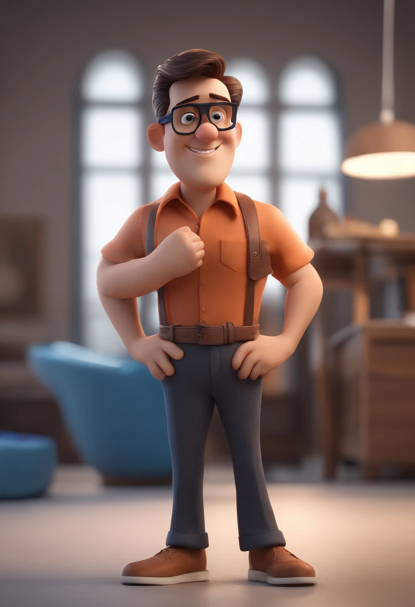 Cartoon character of a man with black glasses and a blue shirt, animation character, Caractere estilizado, animation style rendering, 3D estilizado, Arnold Maya render, 3 d render stylized, toon render keyshot, Personagem 3D, Personagem 3D, 3d rendering stylized, 3 d character render, personagem de desenho animado, Personagem de close up, Pose de personagem,  (Estilo Pixar) (master part:1.2) (Bokeh) (best quality) (pele detalhada) (textura detalhada) (8k) (argila) (Cinematic lighting) (foco nítido