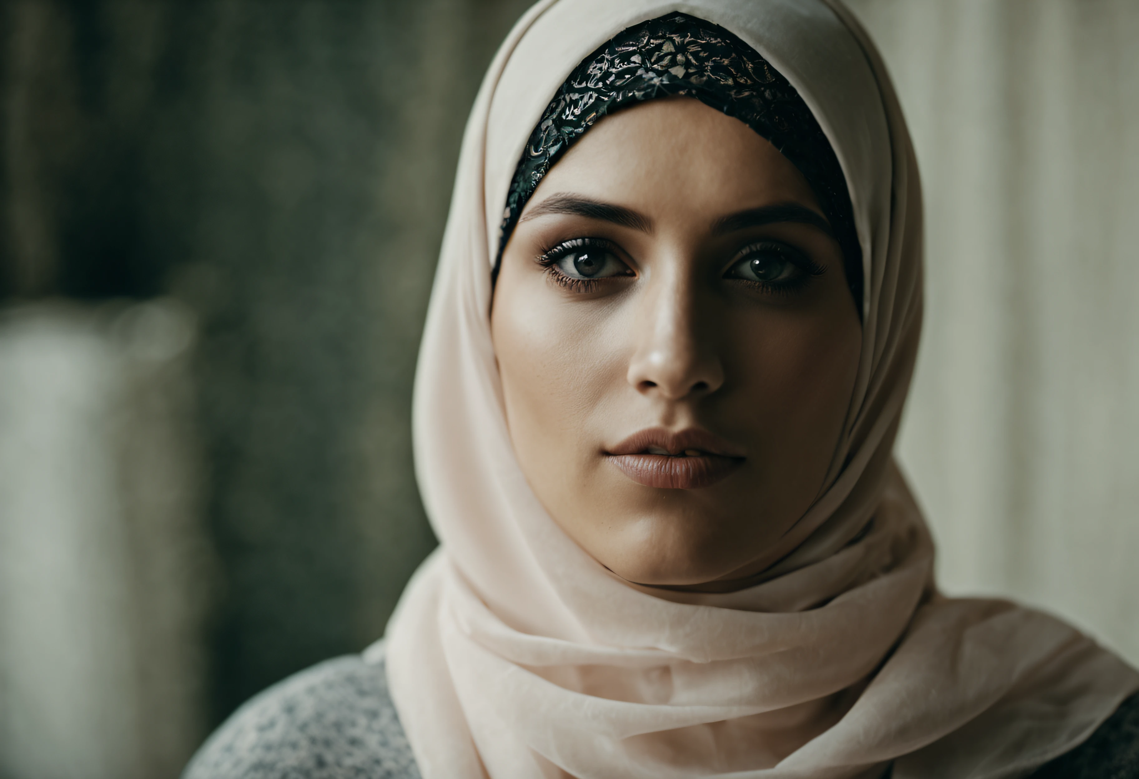 cinematic film still of Cinematic Film stock footage in (arri alexa style) Kodak film print, Hijab Nerd Erotic Naked Beauty, shallow depth of field, vignette, highly detailed, high budget, bokeh, cinemascope, moody, epic, gorgeous, film grain, grainy