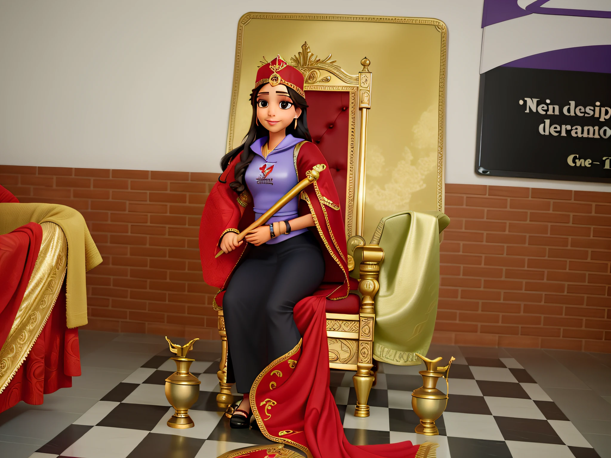 mulher com coroa, manto e cetro sentada num trono, estilo disney pixar, alta qualidade, melhor qualidade