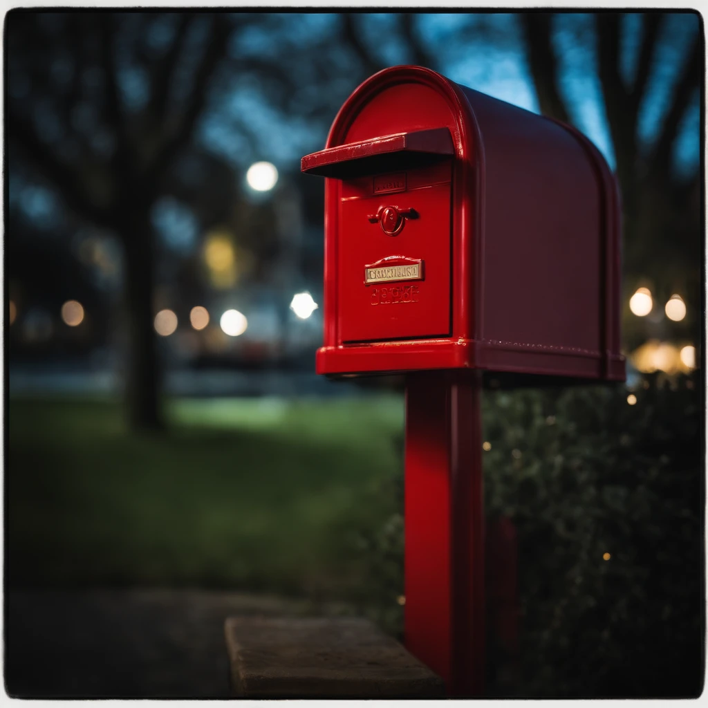 escaparate de juguetes, Red Mailbox, escena de navidad, noche, luz suave, muy detallado, dreamlike, hiperrealista.