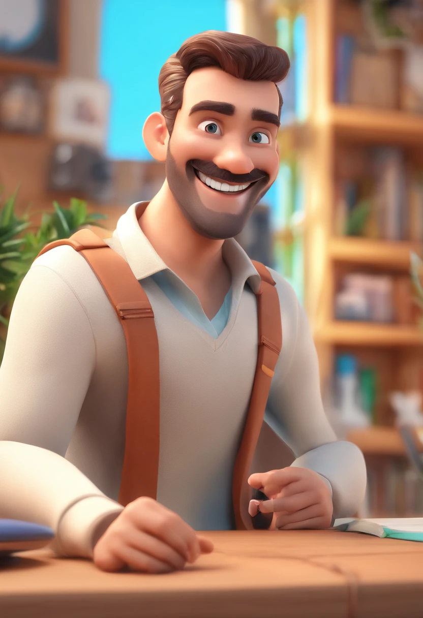 Smiling Man Illustration, sorriso insano, Homem de pele marrom com um sorriso gigante, happily smiling at the camera, sorriso atrevido, he's smiling, sorriso muito grande, Macho sorridente, foto de perfil headshot, rindo sorriso enorme, desenhando no estilo de Arte 3D, c4d, fundo de cor branco puro, estilo disney, estilo pixar render ilustracao Super Detalhe, 8k