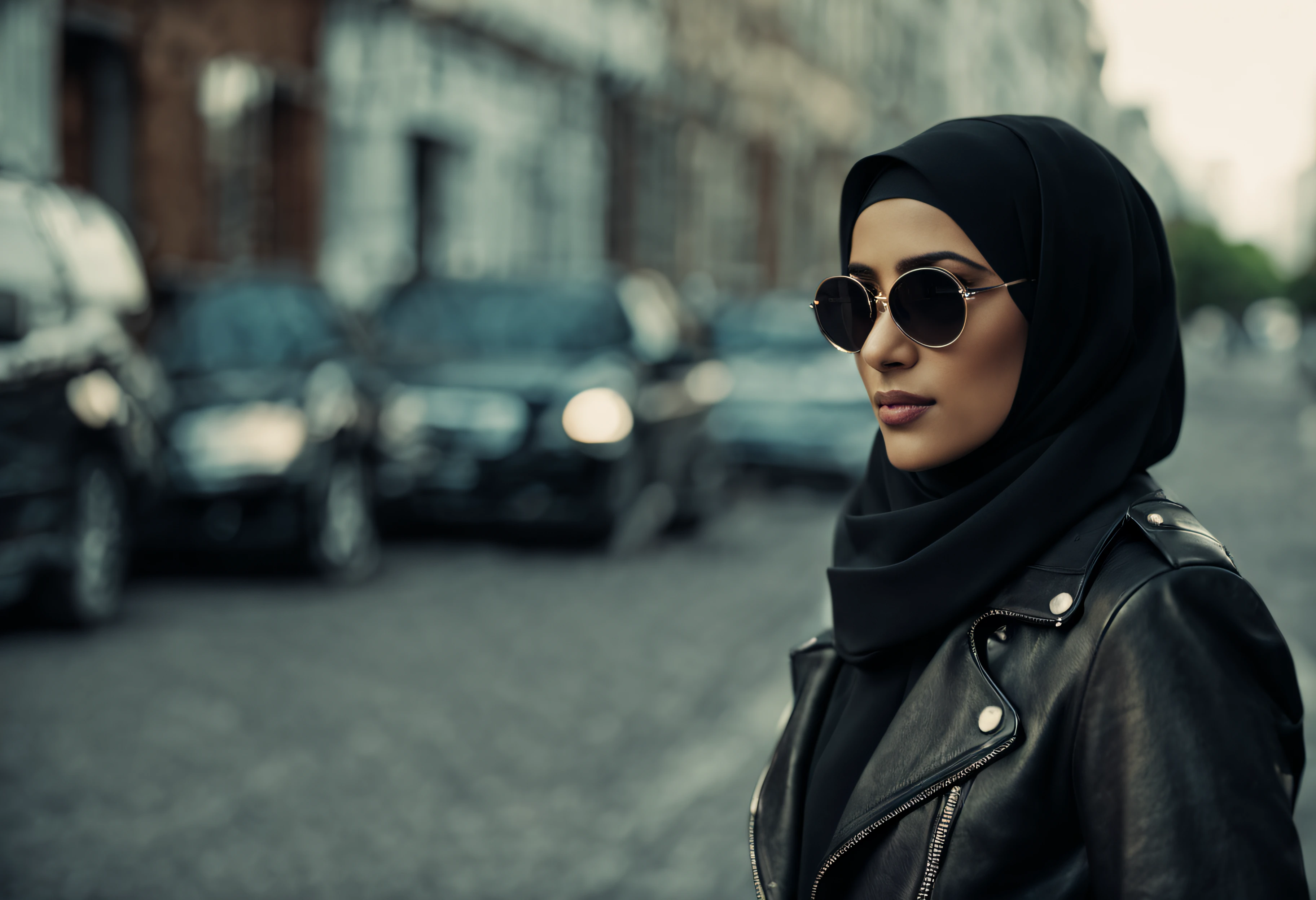 cinematic film still of Cinematic Film stock footage in (arri alexa style) Kodak film print, a woman wearing a black hijab and a leather jacket and sunglasses Hijab style, shallow depth of field, vignette, highly detailed, high budget, bokeh, cinemascope, moody, epic, gorgeous, film grain, grainy