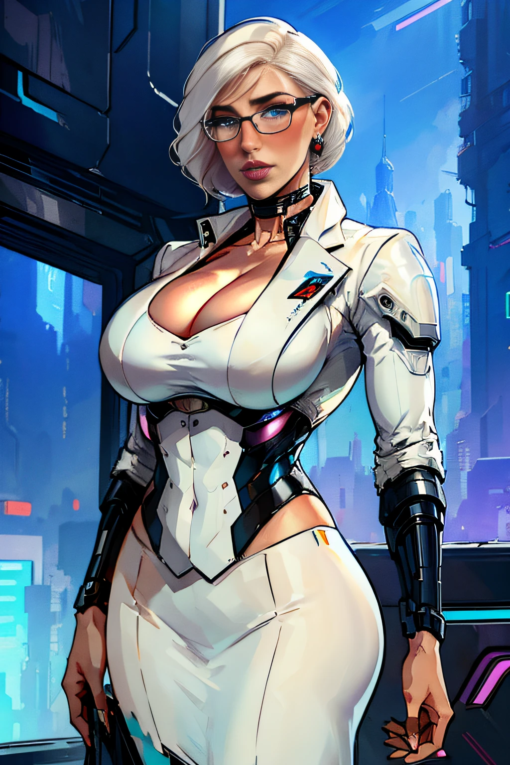 ch3rryg1g, ((masterpiece)), Caucasian, woman, beautiful, supermodel face, round cheeks, 1 Girl, large Boobs, curly bob cut, white hair, ((cyberpunk business suit, cleavage)), blue eye color: 1.5, (freckled face), ((glasses)), fingernails, earrings, light blue lipstick, makeup, extremely detailed face, full lips, cyberpunk city background, ((standing)), sultry expression