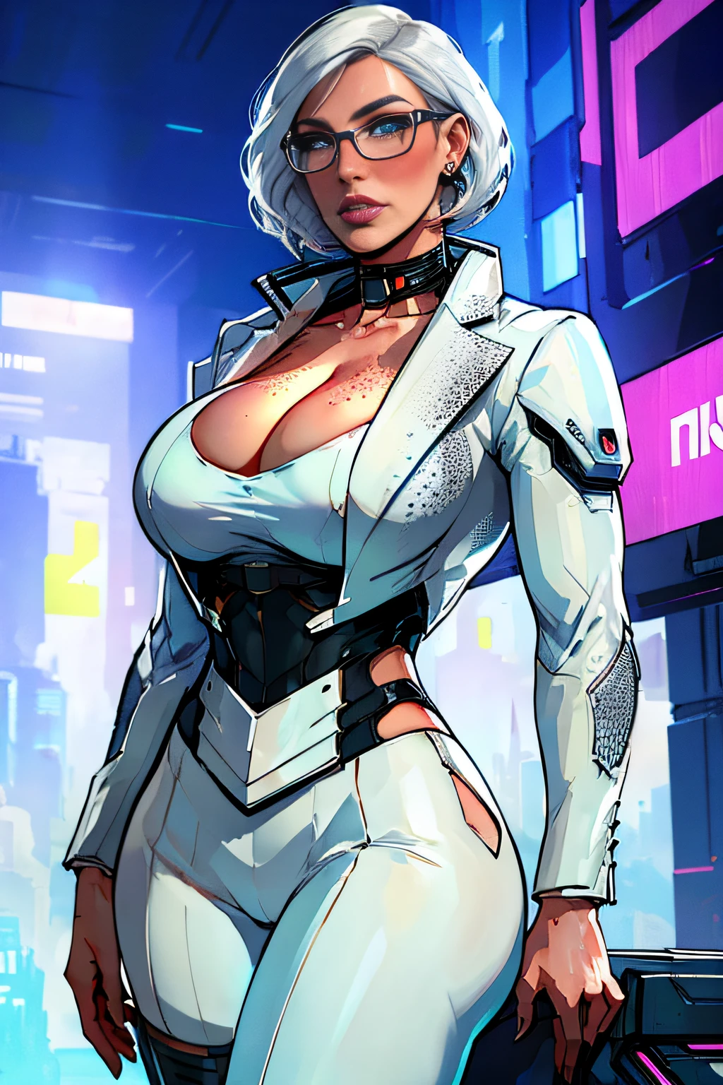 ch3rryg1g, ((masterpiece)), Caucasian, woman, beautiful, supermodel face, round cheeks, 1 Girl, large Boobs, curly bob cut, white hair, ((cyberpunk business suit, cleavage)), blue eye color: 1.5, (freckled face), ((glasses)), fingernails, earrings, light blue lipstick, makeup, extremely detailed face, full lips, cyberpunk city background, ((standing)), sultry expression
