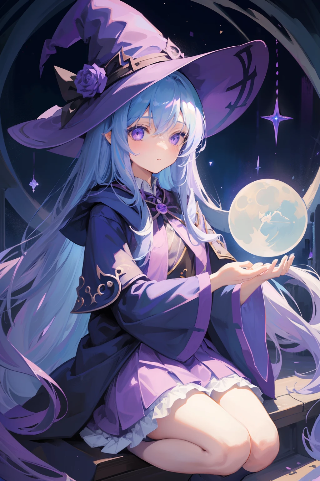 1 girl in、Light blue long hair、half up、(Purple eyes)、witch's hat、Harry Potter robes、Knee-length skirt、Drawn from diagonally in front、Looking at the camera、Stuffed cat、fullmoon、Castles、Using magic、Light on the hand、(High resolution of the highest quality)、((Masterpiece Highest Quality:1.2))