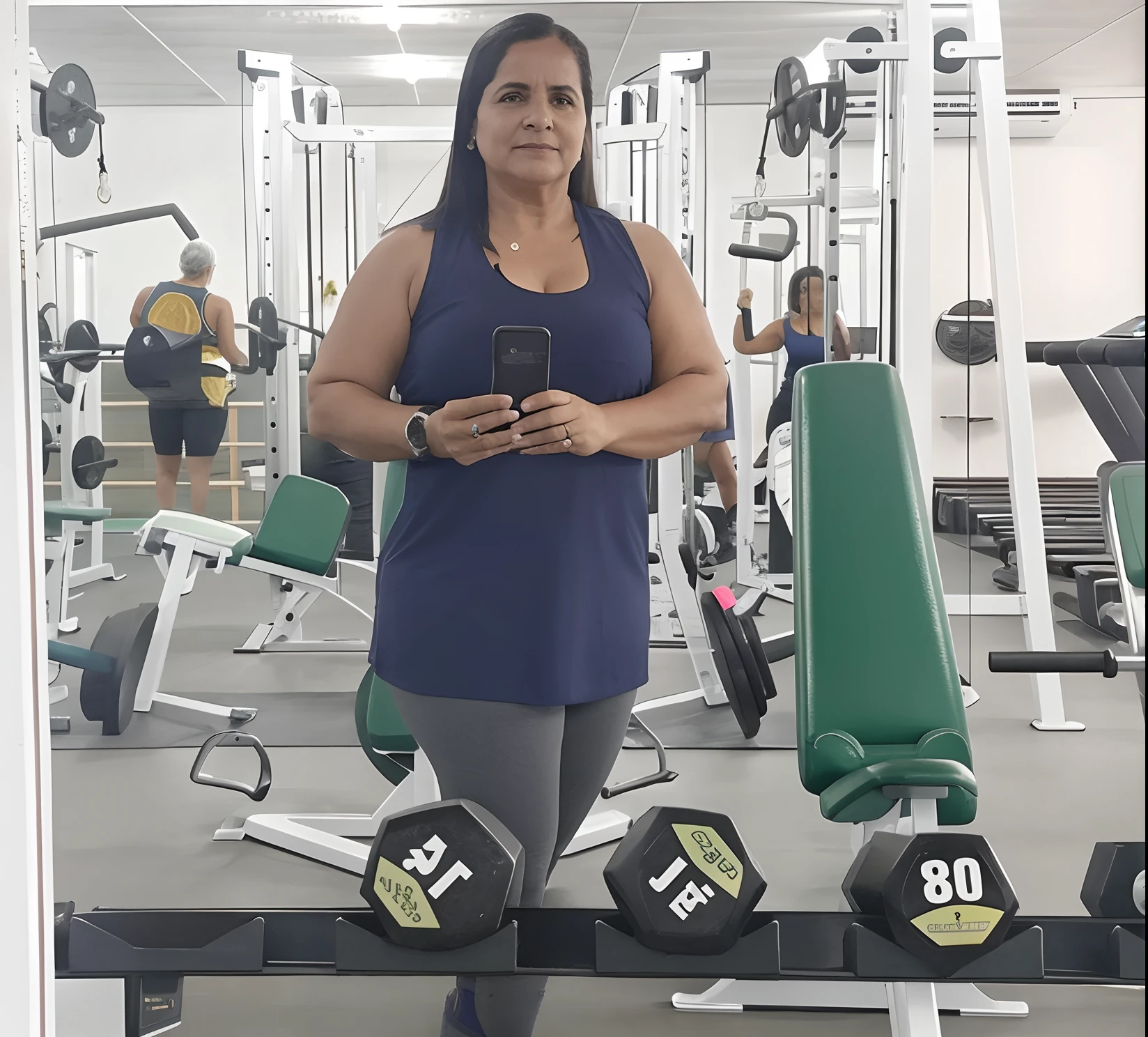 There's a woman standing in a gym with a mobile phone, em uma academia, malhar, Karla Ortiz, 3 0 anos mulher, foto fit, Fotografia tirada em 2 0 2 0, ela tem cerca de 4 0 anos, ela tem cerca de 40 anos, imagem de perfil, Lorena Avarez, Malika Favre, ela tem cerca de 6 0 anos