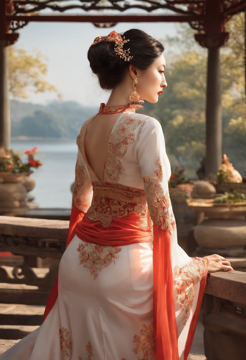 ((corpo inteiro)), SamdoesArts estilo premiado retrato de corpo inteiro de uma mulher bonita, (((rosto feminino perfeito)),((Roupas chinesas antigas)), ((Shabble Hanfu)), gazebo, Complexo, ( belos olhos de detalhe),((Grampos, Cabelos Torcidos, Double Ball Heads)), (sunlight), graphic illustration of shadow, arte digital, trends on artstation, Very detailed, detalhes finos, intrincado, Artgerm e Rutkowski e Alphonse Mucha Art,