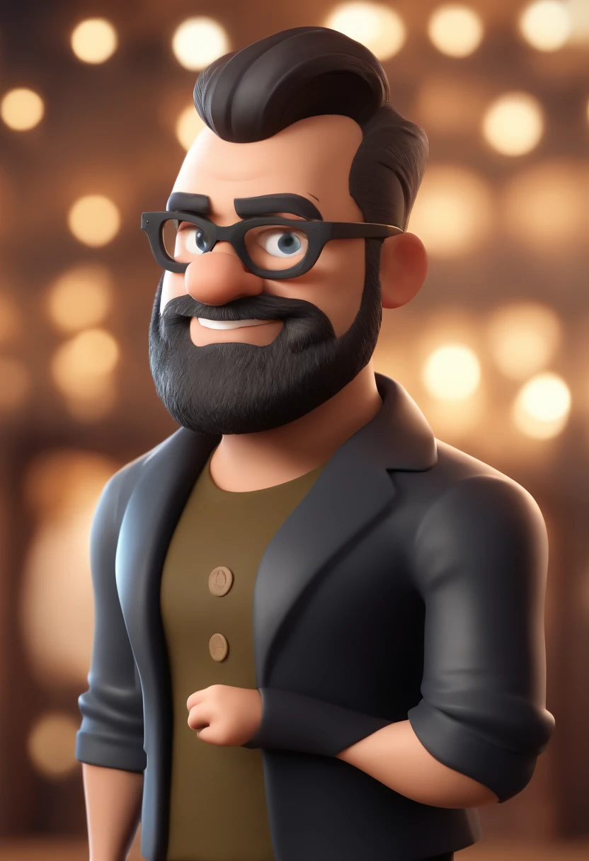 Cartoon character of a man with black glasses and a black polo shirt, cabelo liso, With beard and old school tattoo on his arm, animation character, Caractere estilizado, animation style rendering, 3D estilizado, Arnold Maya render, 3 d render stylized, toon render keyshot, Personagem 3D, Personagem 3D, 3d rendering stylized, 3 d character render, personagem de desenho animado, Personagem de close up, Pose de personagem, (Estilo Pixar) (master part:1.2) (Bokeh) (best quality) (pele detalhada) (textura detalhada) (8k) (argila) (Cinematic lighting) (foco nítido