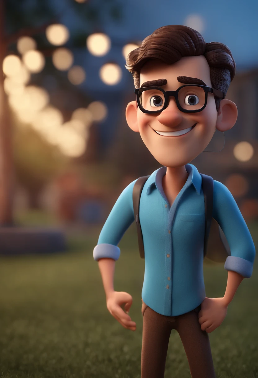 Cartoon character of a man with black glasses and a blue shirt, animation character, Caractere estilizado, animation style rendering, 3D estilizado, Arnold Maya render, 3 d render stylized, toon render keyshot, Personagem 3D, Personagem 3D, 3d rendering stylized, 3 d character render, personagem de desenho animado, Personagem de close up, Pose de personagem,  (Estilo Pixar) (master part:1.2) (Bokeh) (best quality) (pele detalhada) (textura detalhada) (8k) (argila) (Cinematic lighting) (foco nítido