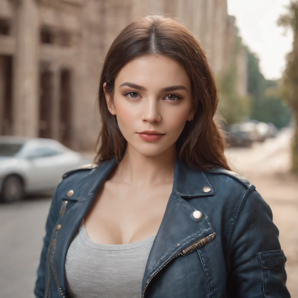 Portrait image of a young, Woman with large breasts, Dressed in a trendy denim crop top and leather jacket, posing gracefully in the middle of the desolation of a dystopian environment, filled with abandoned cars and overgrown vegetation. The photo shows off her ultra-realistic facial features in soft, diffused light, that accentuates every intricate detail