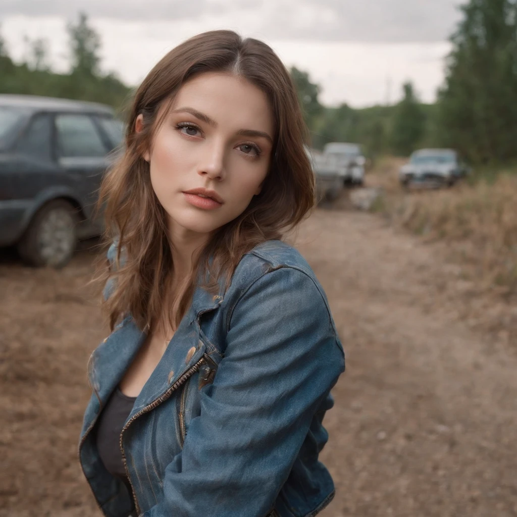 Portrait image of a young, Woman with large breasts, Dressed in a trendy denim crop top and leather jacket, posing gracefully in the middle of the desolation of a dystopian environment, filled with abandoned cars and overgrown vegetation. The photo shows off her ultra-realistic facial features in soft, diffused light, that accentuates every intricate detail