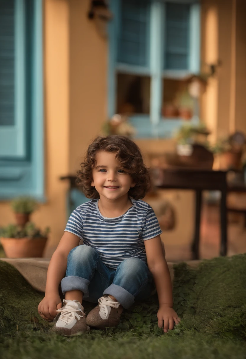 : Miguel, aproximadamente 5 anos de idade, cabelo curto estilo Disney, olhos castanhos e sorrisos. garota: Giovana, 2 anos, longos cabelos pretos e olhos azuis. scenecy: Miguel and Giovana are in a cozy little house in the valley, ao fundo um dia ensolarado, Destacando o Sol.