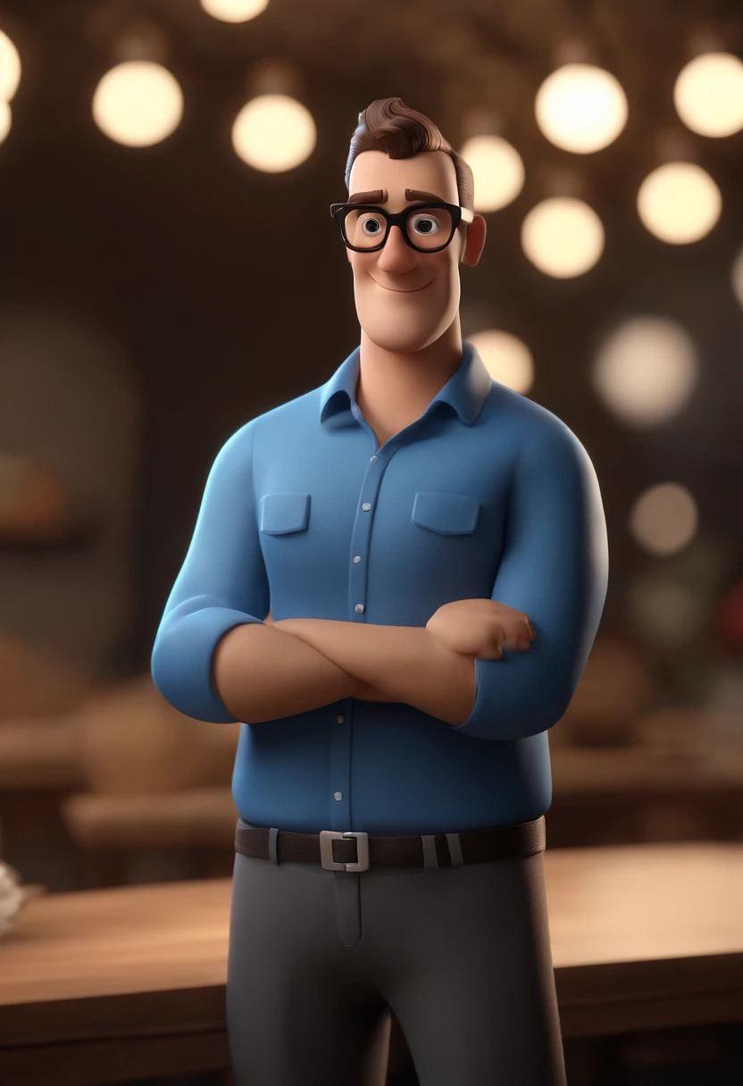Cartoon character of a man wearing black glasses and a blue shirt, um personagem animado, Caractere estilizado, animation style rendering, 3D estilizado, Arnold Maya render, 3 d render stylized, toon render keyshot, Personagem 3D, Personagem 3D, 3d rendering stylized, 3 d character render, personagem de desenho animado, Personagem de close up, Pose de personagem, (Estilo Pixar) (master part:1.2) (Bokeh) (best quality) (pele detalhada) (textura detalhada) (8k) (argila) (Cinematic lighting) (foco nítido,Senta e vaza a parte superior do corpo
