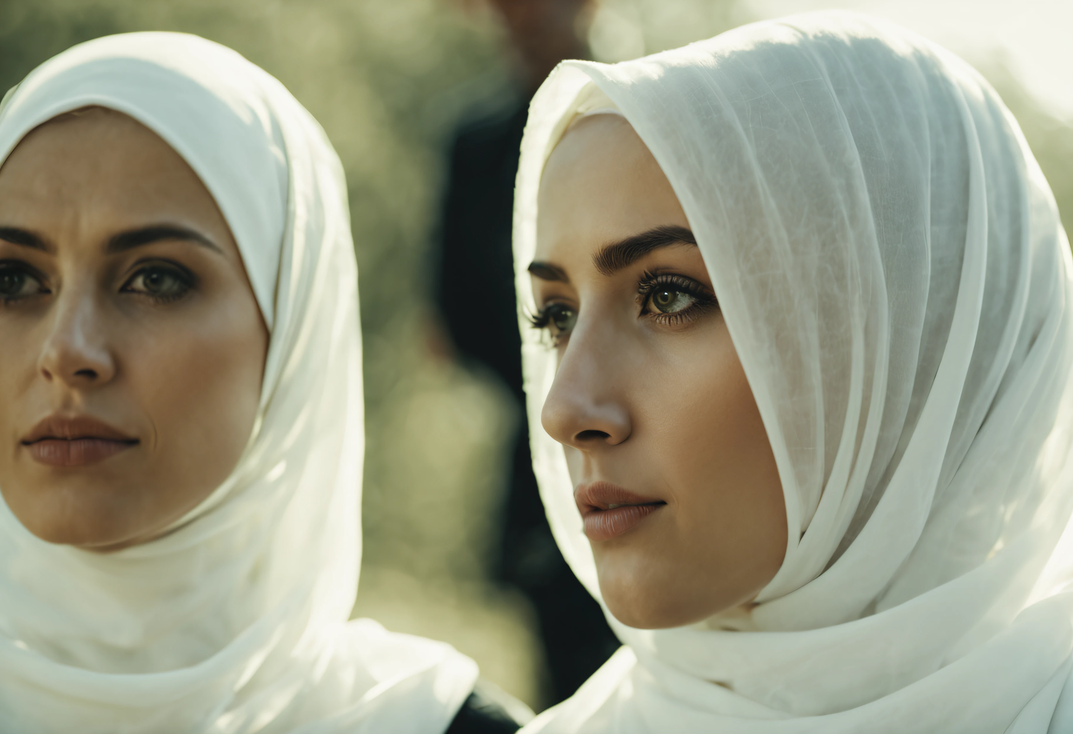 cinematic film still of Cinematic Film stock footage in (arri alexa style) Kodak film print, a woman in a white veil and a white head scarf Hijab style, shallow depth of field, vignette, highly detailed, high budget, bokeh, cinemascope, moody, epic, gorgeous, film grain, grainy