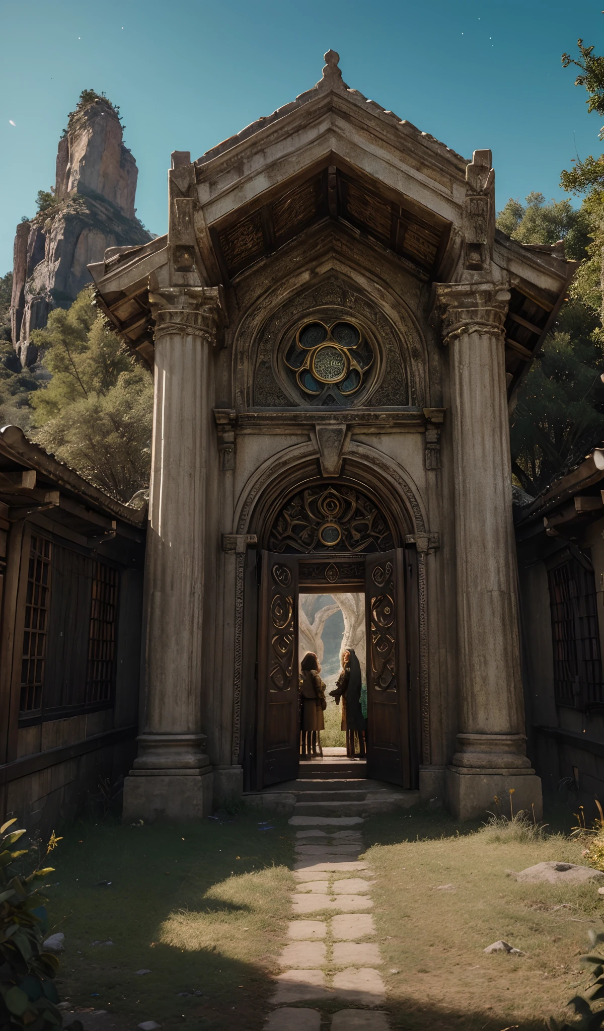 An ancient strange golden ornamented portal on the side of an ancient mountain with a couple of people standing around it and it looks like they have a research camp setup. (best quality,4k,8k,highres,masterpiece:1.2),ultra-detailed,(realistic,photorealistic,photo-realistic:1.37),HDR,UHD,studio lighting,ultra-fine painting,sharp focus,physically-based rendering,extreme detail description,professional,vivid colors,bokeh,portraits,landscape,horror,anime,sci-fi,photography,concept artists,golden,ornamented,mysterious,worn-out,ancient portal,ancient mountain,two people,camp setup,field research,exploring,curiosity,wonder,awe,intrepid adventurers,majestic surroundings,hidden treasures,mythical realm,supernatural energy,ancient knowledge,engravings,mystical symbols,secret entrance,otherworldly realm,transcendence,transformation,parallel dimensions,surreal dimensions,astonishment,luminous glow,natural harmony,splendor,elevated viewpoint
