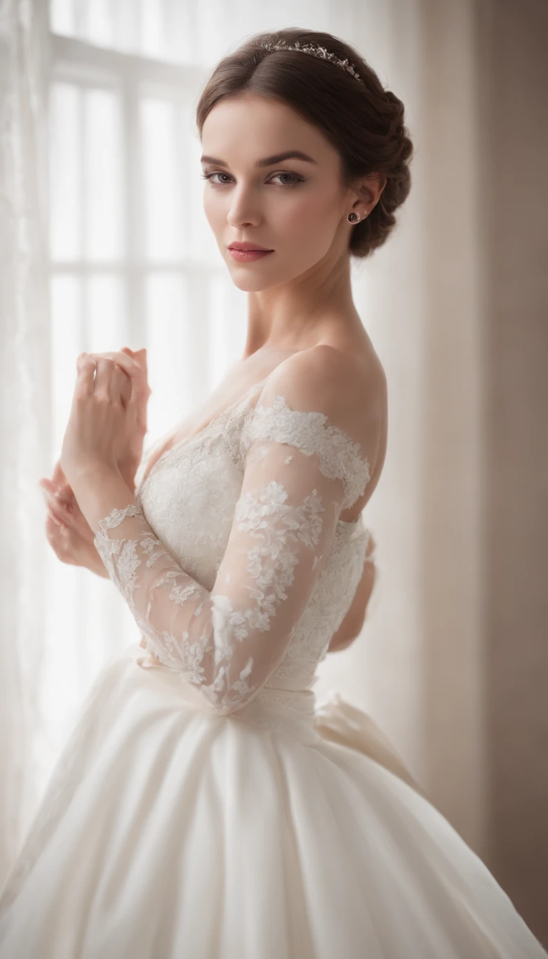 Beautiful woman in a bright white dress with a pearl necklace