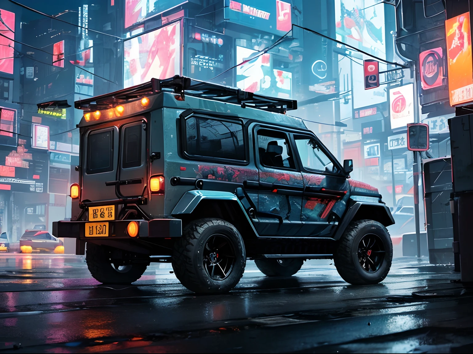 (Rain in the middle of the night:1.3), (Detailed beautiful skin texture, Detailed beautiful face, Ultra detailed clothing textures), , (Cyberpunk:1.4), , (ultra-detailliert (cyberpunked:1.5) and 2 doors (Ultra-Small Utility Vehicle:1.5) with (Load on the roof rack:1.3) And (Cargo on the back:1.3) and letter tires:1.3), , (3/4 front view, The car is located in the right corner of the frame:1.5), (In the parking lot, Cyberpunk's ultra-detailed night city), (All cars are cyberpunk cars:1.2), , (softlighting) , (masutepiece, Best Quality:1.4, 8K, ultra-detailliert, Illustration, Distinct_image, Convoluted_Details, delicate illustration), (Realistic:0.15), In the style of cybernetic Enigma, slanting shot，neon color