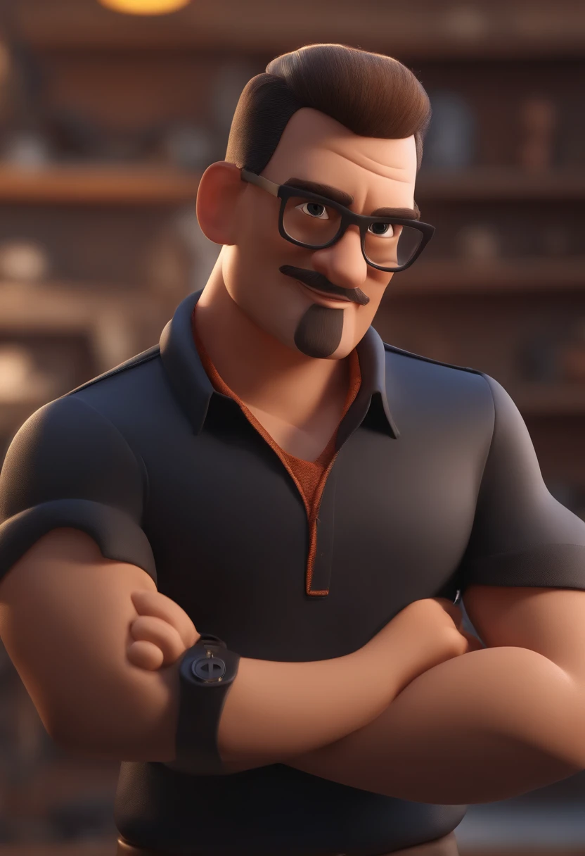 Cartoon character of a man with black glasses and a black polo shirt, cabelo liso, With beard and old school tattoo on his arm, animation character, Caractere estilizado, animation style rendering, 3D estilizado, Arnold Maya render, 3 d render stylized, toon render keyshot, Personagem 3D, Personagem 3D, 3d rendering stylized, 3 d character render, personagem de desenho animado, Personagem de close up, Pose de personagem, (Estilo Pixar) (master part:1.2) (Bokeh) (best quality) (pele detalhada) (textura detalhada) (8k) (argila) (Cinematic lighting) (foco nítido