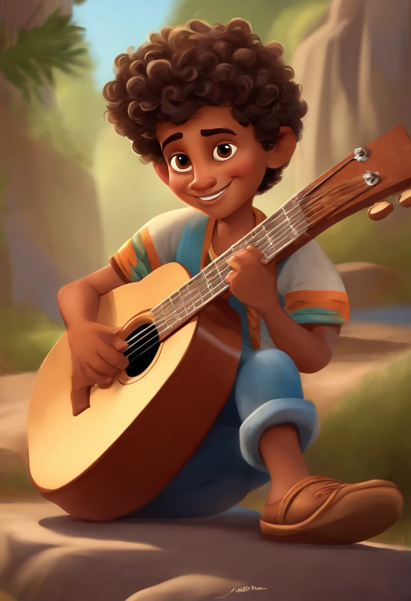crie um banner no estilo Pixar. A boy with Indian features, moreno pardo com cabelos curtos, Castanhos escuros, Curly and slightly grayish appearance, mas jovem, usando uma camiseta, Wearing jeans and holding a classical guitar with 7 strings.