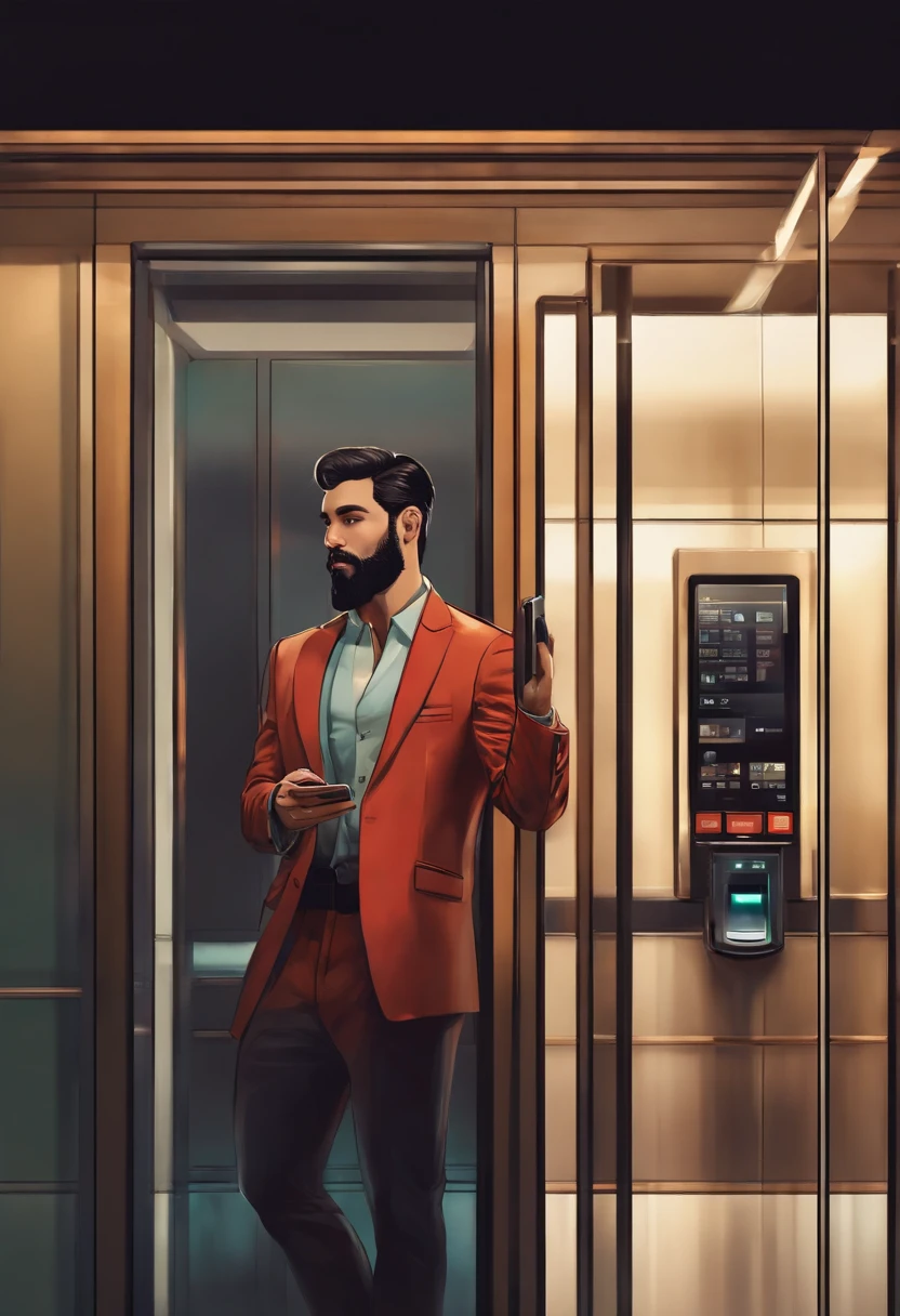 Character with a thin type, wears a black beard, black hair, with a cell phone in his hand, taking a photo in front of the elevator mirror