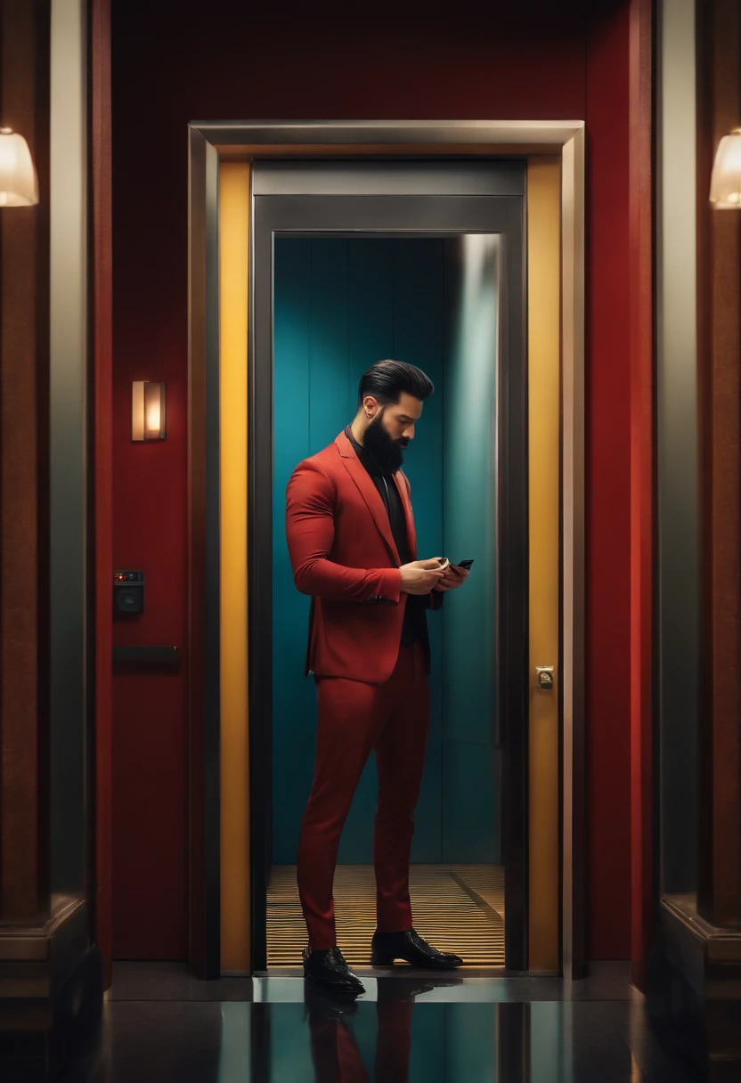 Character with a thin type, wears a black beard, black hair, with a cell phone in his hand, taking a photo in front of the elevator mirror