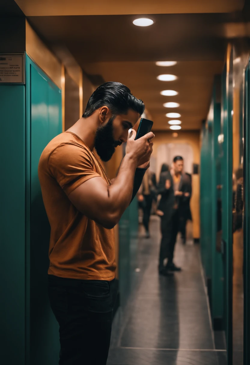 Character with a thin type, wears a black beard, black hair, with a cell phone in his hand, taking a photo in front of the elevator mirror