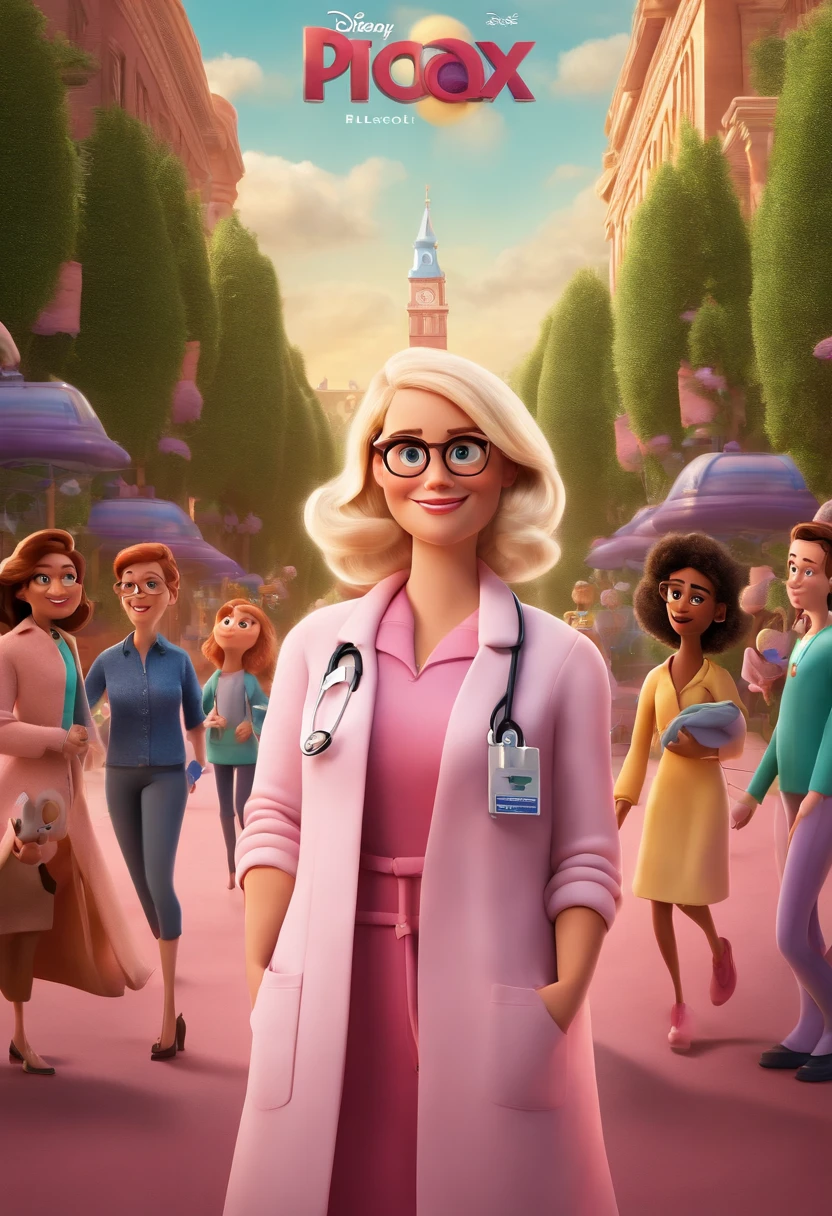 a poster for Pixar's Disney-style 3D film with an adult woman, 28 years old, white, cheerful, long blonde hair, thin, with glasses, doctor, with a stethoscope, in a pink coat, delivering a in a hospital.