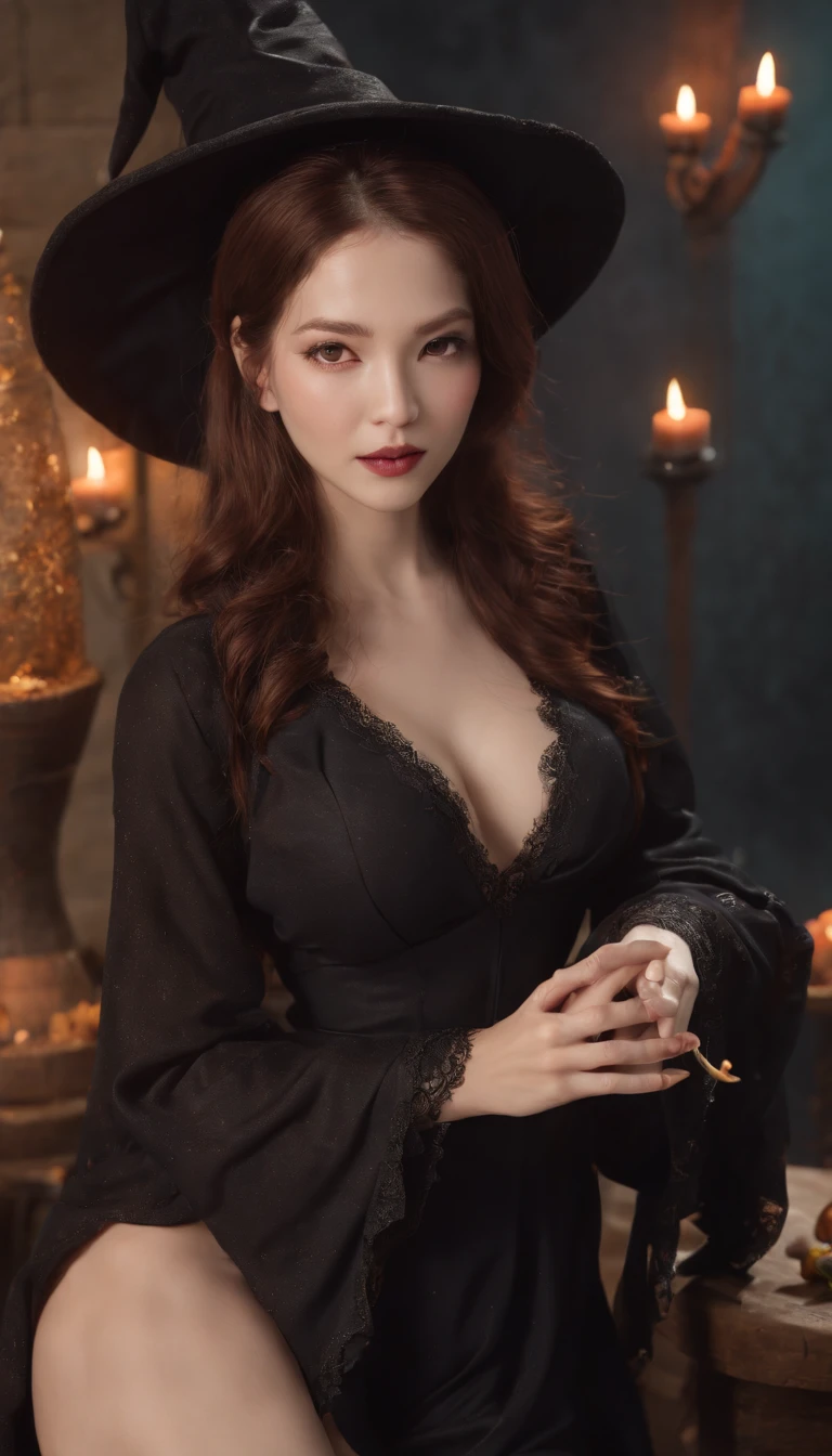 ( 8K, awardwinning, Best Quality), High Definition, Super Detail, high detailing, Anatomically correct, Perfect illustration, (masutepiece: 1.3), (Witch of lust:1.8), (flirting at you sexually while her bare skin turns green 1.1), ripped sexy black robes, Triangle has, sexy face Plot something、Detailed hand、Detailed long sexy claw like fingernails 、(young women:1.8)、