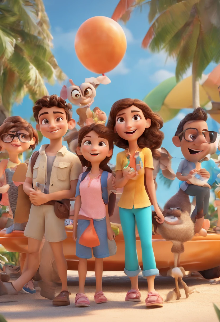 Cartoon of friends having fun on vacation together, 3D Animation Movie Poster, Poster de filme animado, pixar 3 d animation style, pixar renderman rendering, maia 8 mil, animated film, Disney Pixar Estilo 3D, amigos felizes saem juntos, all wearing light blue shirts and cream brown long pants, camisa azul clara, cream brown pants, ao ar livre, vacation, Disney Pixar Animation Poster