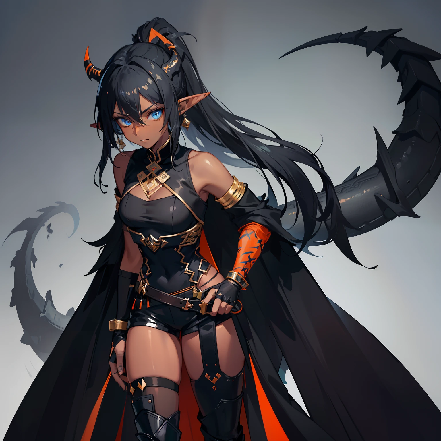 1girl , (((Dark Skin)))), Black Hair with Ponytail, (((Blue Eyes))), ((Black Metallic Gauntlets and Greaves with Orange and Silver Highlights)), (((The Clothes Have a Mix of Modern and Tribal))), (((The Clothes Have a Mix of Modern and Tribal))), having mostly the color black, but having parts in orange, shoulders exposed, at the hip a shorts that extend to half of the thigh of black color. ((Black Overcoat with a orange inner part)) absurd res, best res, high res, best face, best eyes, (((Dragon Tail))), ((Elf Ears))