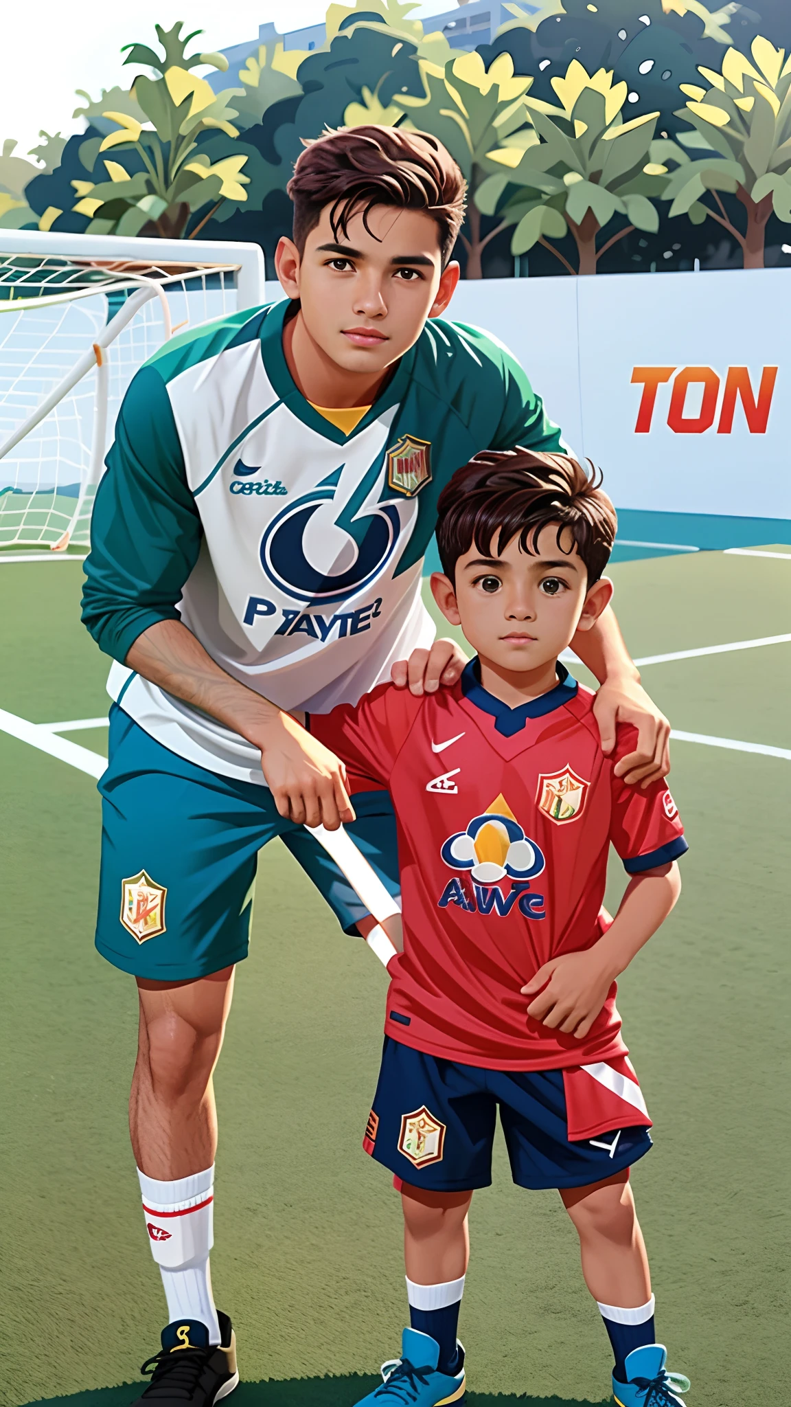 there is a man and a boy standing on a soccer field, with a , caio santos, carmelo blandino, dan dos santos, daniel mirante, edu souza, john picacio and brom, lucas graziano, malika favre, scott buoncristiano, nick silva, joel torres, thiago lehmann, david rios ferreira, mateus 9 5