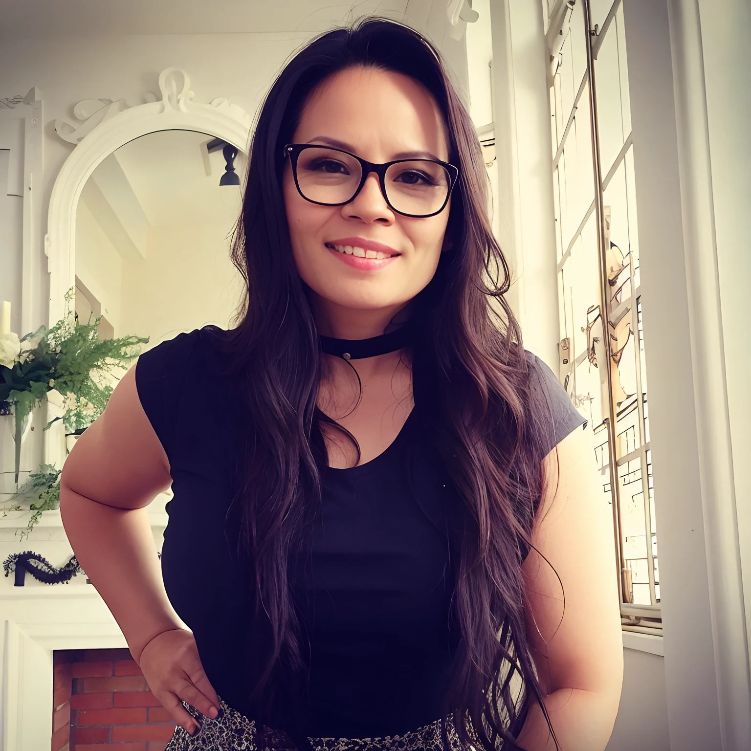 There's a woman with glasses standing in a room, by Gina Pellón, by Amelia Peláez, wavy long black hair and glasses, Directed by: Andrée Ruellan, Alanis Guillen, Directed by: Emma Rios, Directed by: Veronica Ruiz de Velasco, Directed by: Nandor Soldier, inspired by Gina Pellón