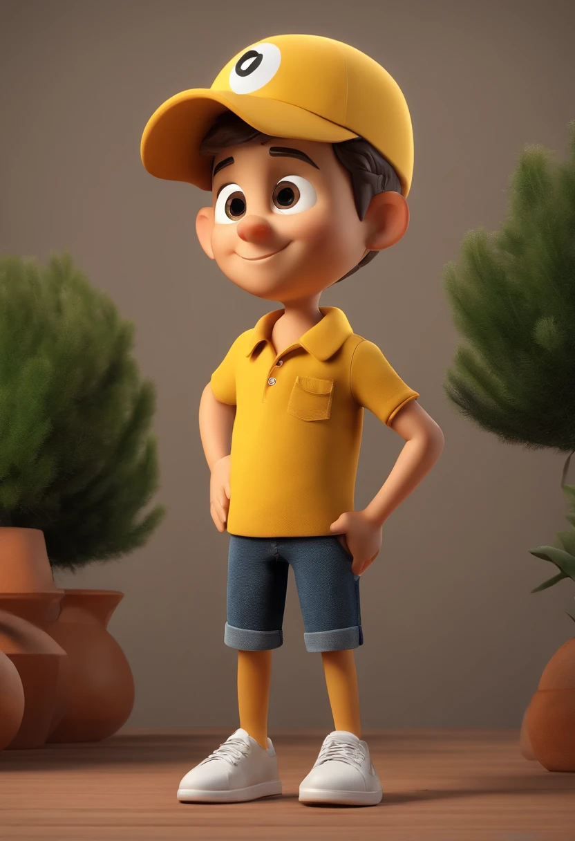 Cartoon character of a boy in a yellow polo shirt and jeans wearing a cap with a black circle in the center and contented appearance, animation character, Caractere estilizado, animation style rendering, 3D estilizado, 3 d render stylized, toon render keyshot, Personagem 3D, Personagem 3D, renderizado