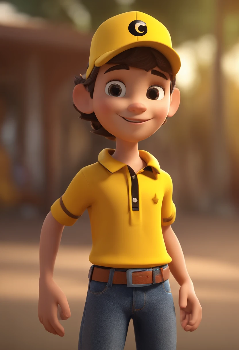 Cartoon character of a boy in a yellow polo shirt and jeans wearing a cap with a black circle in the center and contented appearance, animation character, Caractere estilizado, animation style rendering, 3D estilizado, 3 d render stylized, toon render keyshot, Personagem 3D, Personagem 3D, renderizado