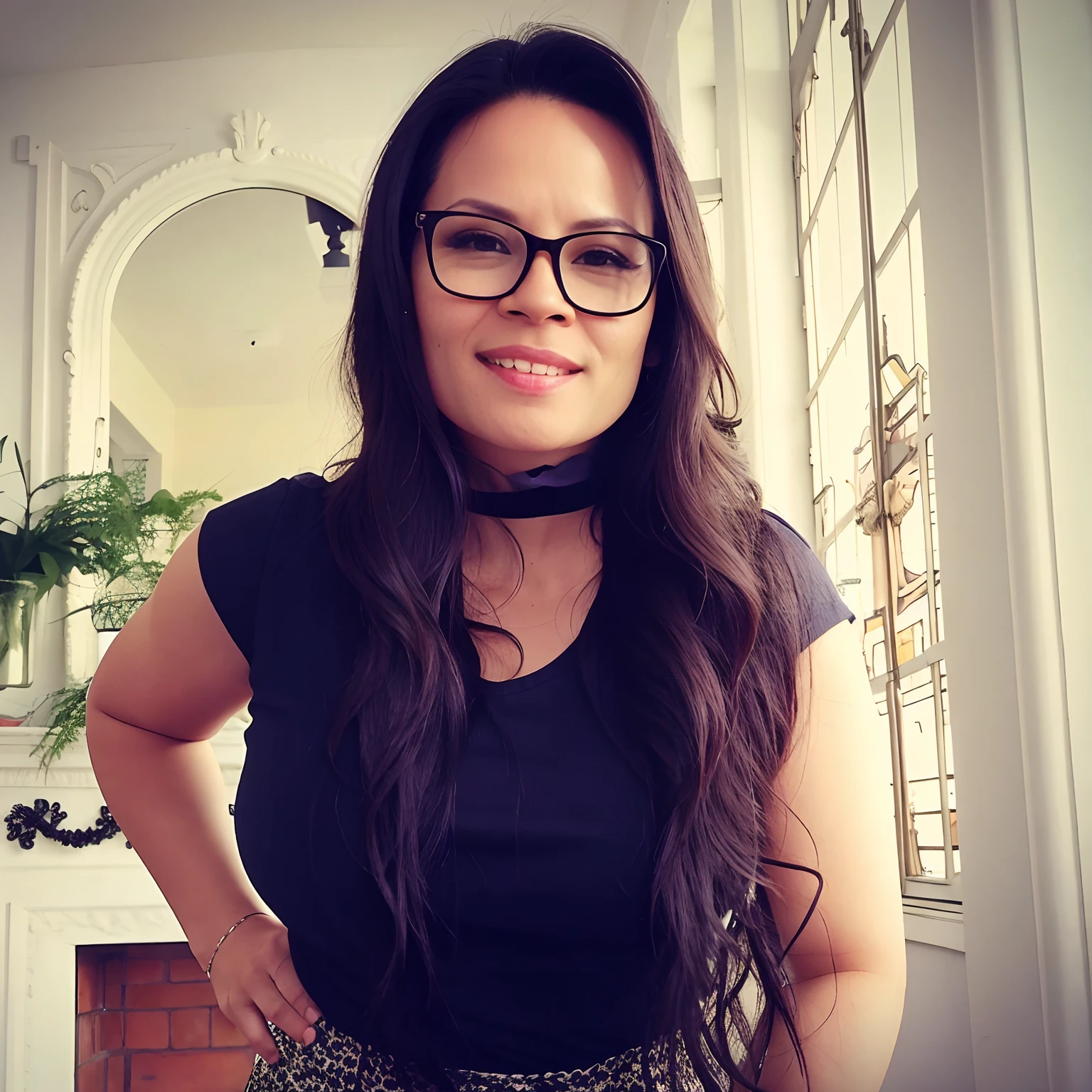 There's a woman with glasses standing in a room, by Gina Pellón, by Amelia Peláez, wavy long black hair and glasses, Directed by: Andrée Ruellan, Alanis Guillen, Directed by: Emma Rios, Directed by: Veronica Ruiz de Velasco, Directed by: Nandor Soldier, inspired by Gina Pellón