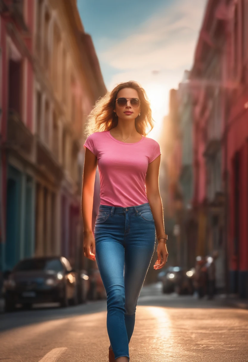 A beautiful woman walking down a street, her pink t-shirt and faded blue jeans illuminated by the sun, (vivid colors,shimmering light),(photorealistic:1.37),(best quality,highres:1.2),(ultra-detailed) ,(realistic), (portrait), a red car passing in the background.