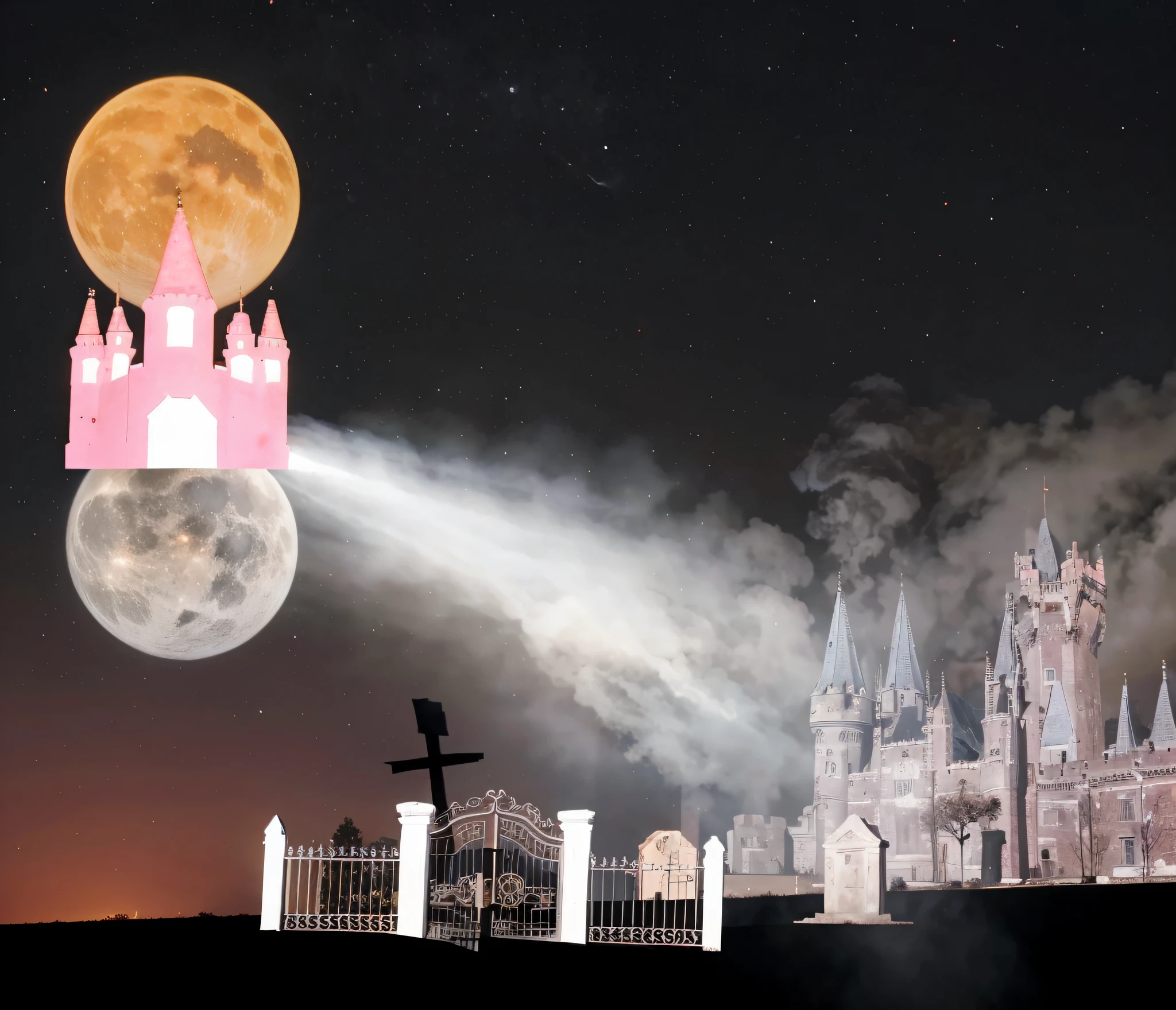 about the sky: um castelo que se encontra entre o sol e a lua; Smoke comes out of it that shows on the ground another castle that turns out to be a cemetery, com muitas covas